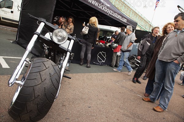 Stall selling motorcycle accessories during bike festival on Madeira Drive.