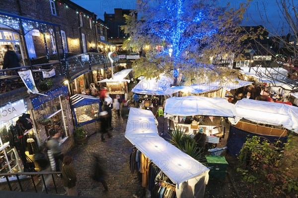 Camden Lock Market Looking down on early evening Christmas shoppers.