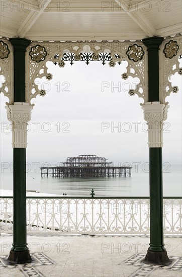 West Pier ruin photographed from the Bedford square bandstand known locally as the Birdcage.