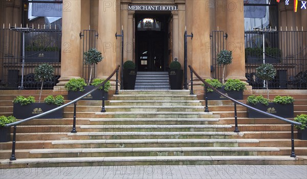 Cathedral Quarter Entrance steps of the Merchant Hotel in Waring Street a former bank.