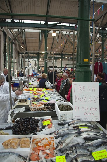 St Georges Market fresh fish display with Dulse seaweed for sale.