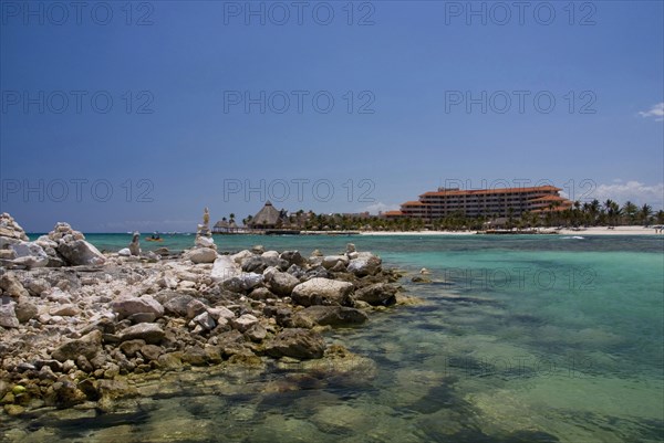 View across bay and rock sculptures.