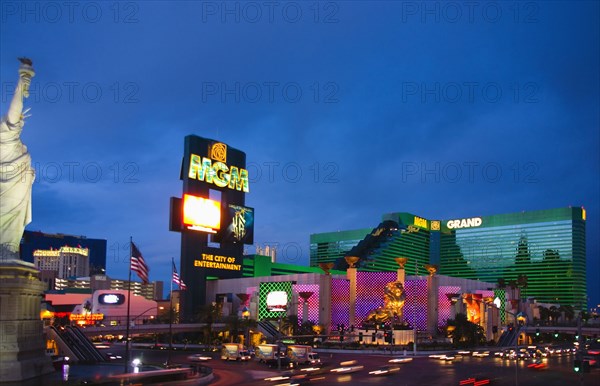 City view of the MGM Grand Casino Hotel at night.