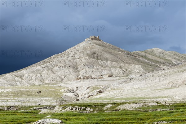 The ruins of the ancient King's Ame Pal fortress Rani's Fort in front of Ketcher Dzong at the top of the mountain.