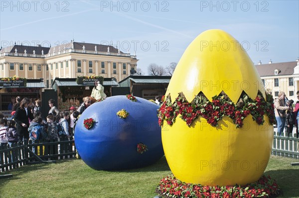 Giant painted Easter eggs at entrance of the Easter Market at the Schonbrunn Palace.