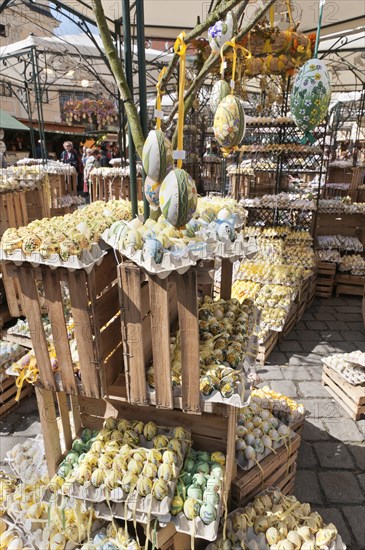 Trays of hand-painted and hand decorated egg shells to celebrate Easter at the Old Vienna Easter Market at the Freyung.