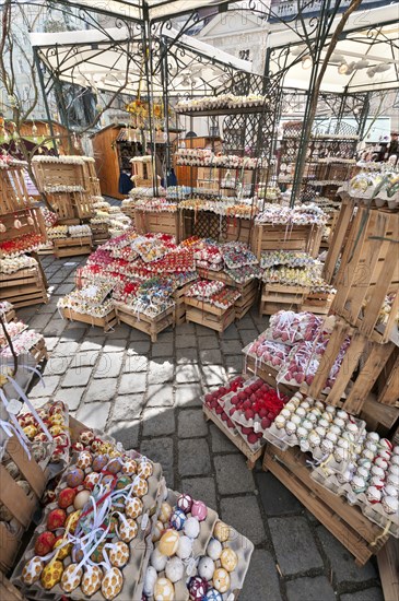 Trays of hand-painted and hand decorated egg shells to celebrate Easter at the Old Vienna Easter Market at the Freyung.