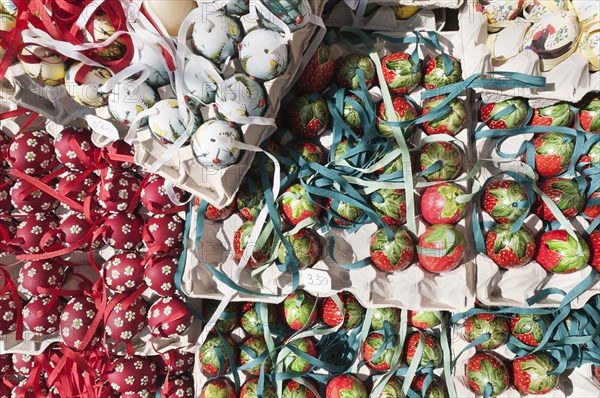 Trays of hand-painted and hand decorated egg shells to celebrate Easter at the Old Vienna Easter Market at the Freyung.