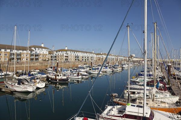 View over boats moored in the Marina with apartment buildings behind.