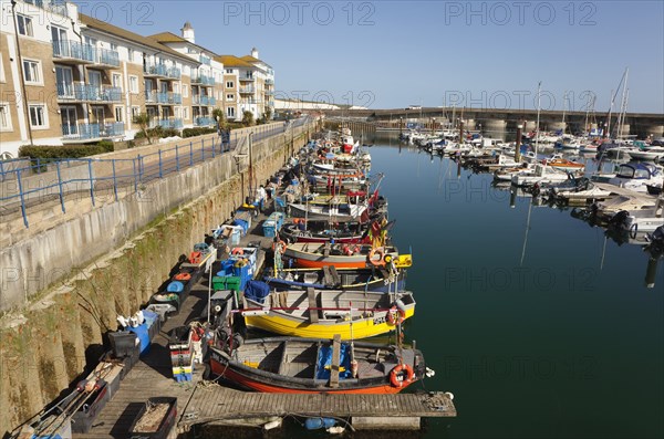 View over fishing boats moored in the Marina with apartment buildings behind.