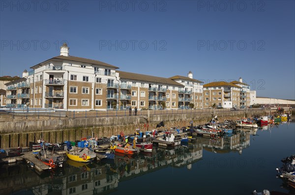 View over fishing boats moored in the Marina with apartment buildings behind.