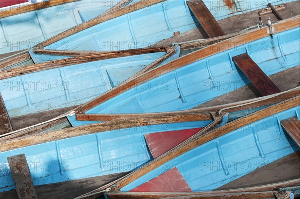 Moored rowing boats on the river Cherwell near Magdalen bridge.