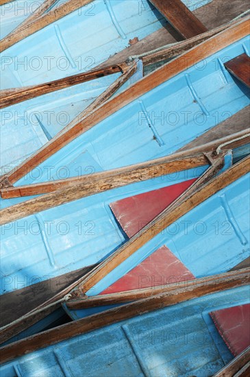 Moored rowing boats on the river Cherwell near Magdalen bridge.