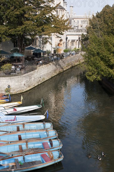 Moored rowing boats on the river Cherwell near Magdalen bridge.