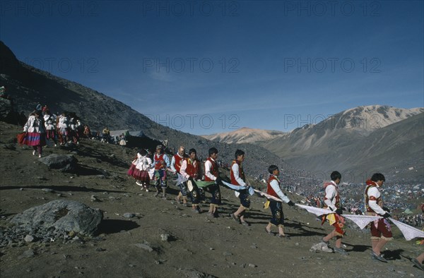 Peru, Cusco, Vilcanota Mountains, Ice Festival of Qoyllur Riti. Pre Columbian in origin but of Christian significance today with pilgrimage to place of Christs appearance after performing miracles locally. Photo : Eric Lawrie