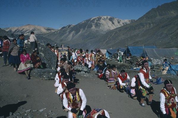 Peru, Cusco, Vilcanota Mountains, Ice Festival of Qoyllur Riti. Pre Columbian in origin but of Christian significance today with pilgrimage to place of Christs appearance after performing miracles locally. Photo : Eric Lawrie