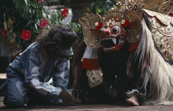 Indonesia, Bali, Barong dance representing the struggle between good and evil. Monkey removes thorn from the foot of Barong the mythical lion like creature who represents goodness.. Photo : Dr Jon Fuller