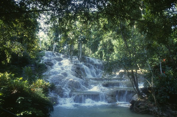 West Indies, Jamaica, Ocho Rios, Dunns River Falls. Waterfall tumbling over rocks surrounded by trees and vegetation. Photo : David Cumming