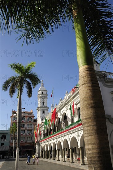 Mexico, Veracruz, Palm trees in the zocalo and government buildings decorated with national colours. Photo : Nick Bonetti