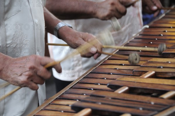 Mexico, Veracruz, Marimba players in the Zocalo. Photo : Nick Bonetti