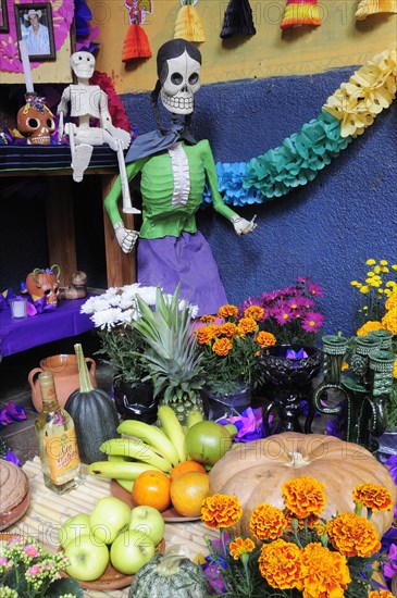 Mexico, Michoacan, Patzcuaro, Dia de los Muertos Day of the Dead altar with skeleton figures food and drink and colourful paper decorations. Photo : Nick Bonetti