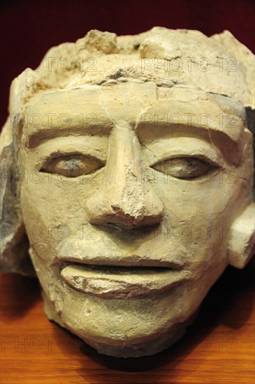Mexico, Veracruz, Papantla, Carved stone human head 900-1150 AD El Tajin archaeological site museum.. Photo : Nick Bonetti