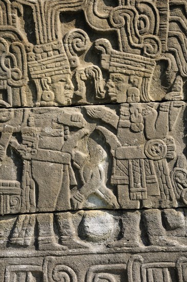 Mexico, Veracruz, Papantla, El Tajin archaeological site Relief carvings on wall of Juegos de Pelota Sur. Photo : Nick Bonetti