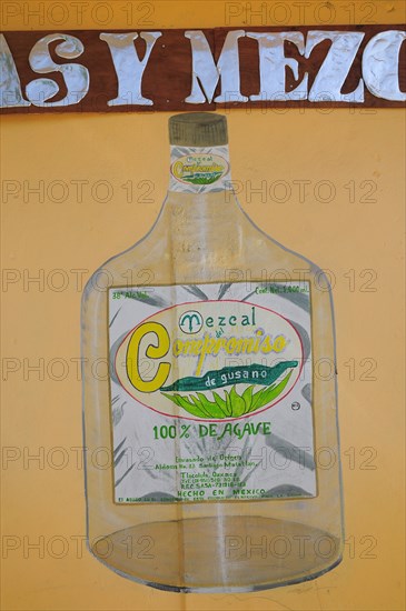 Mexico, Oaxaca, Sign advertising Mezcal. Photo : Nick Bonetti