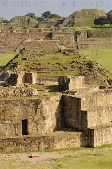 Mexico, Oaxaca, Monte Alban, Edificio buildings G H and I in central plaza. Photo : Nick Bonetti