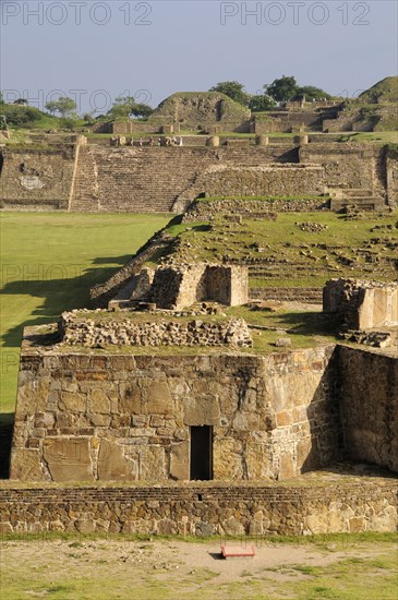 Mexico, Oaxaca, Monte Alban, Edificio buildings G H and I in central plaza.. Photo : Nick Bonetti