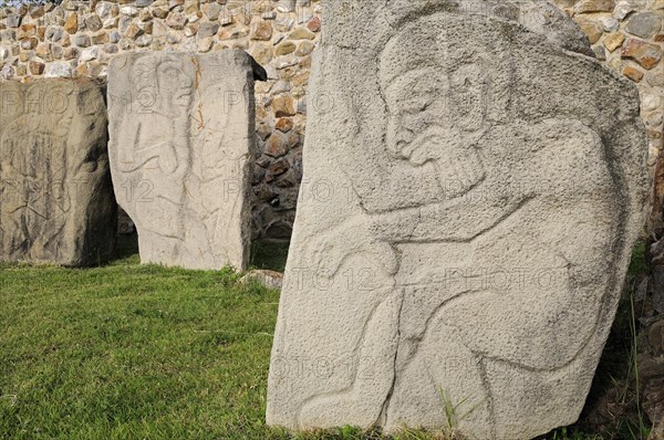Mexico, Oaxaca, Monte Alban, Archaeological site Relief carved stone blocks depicting dancers. Photo : Nick Bonetti