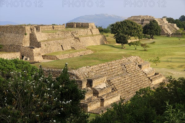 Mexico, Oaxaca, Monte Alban, Mexico Oaxaca Monte Alban archaeological site Ruins of Monticulo and Sistema IV buildings. Photo : Nick Bonetti