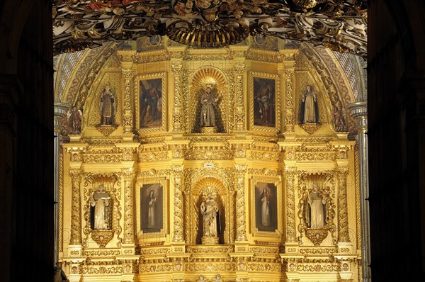 Mexico, Oaxaca, Church of Santo Domingo Interior with carved and gilded altarpiece with paintings and painted sculpted figures. Photo : Nick Bonetti