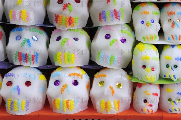 Mexico, Puebla, Sugar candies in the form of skulls for Dia de los Muertos or Day of the Dead festivities. Photo : Nick Bonetti