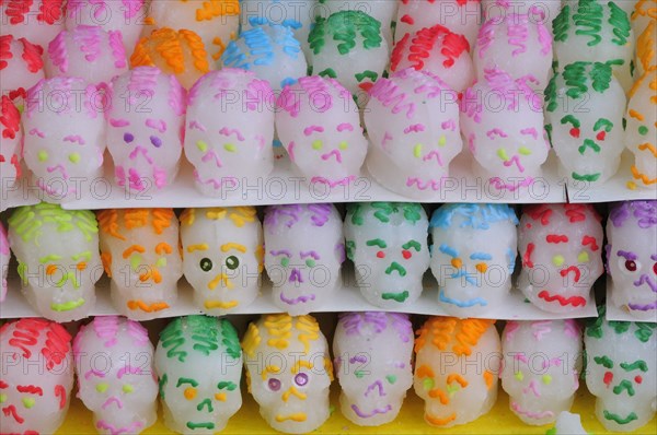 Mexico, Puebla, Sugar candies in the shape of skulls for Dia de los Muertos or Day of the dead celebrations. Photo : Nick Bonetti