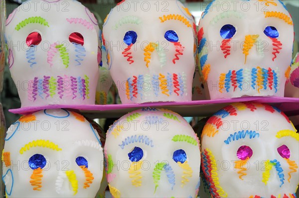 Mexico, Puebla, Sugar candies in the shape of skulls for Dia de los Muertos or Day of the Dead festivities. Photo : Nick Bonetti