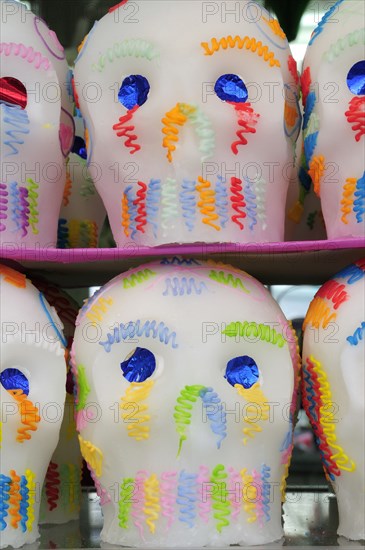 Mexico, Puebla, Sugar candies in the shape of skulls for Dia de los Muertos or Day of the Dead festivities. Photo : Nick Bonetti