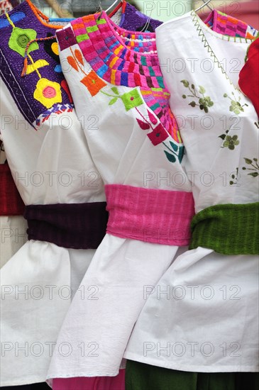 Mexico, Oaxaca, Hand embroidered blouses for sale. Photo : Nick Bonetti