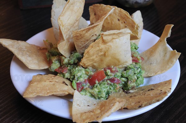 Mexico, Bajio, San Miguel de Allende, Plate of guacamole and tacos. Photo : Nick Bonetti