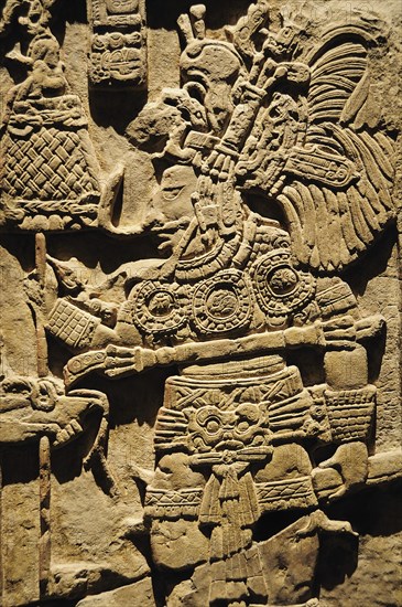 Mexico, Federal District, Mexico City, Museo Nacional de Antropologia Detail of lintel 43 de Yaxchilan relief carving from Chiapas depicting figure carrying ceremonial staff.. Photo : Nick Bonetti