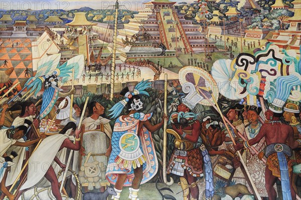 Mexico, Federal District, Mexico City, Mural by Diego Rivera depicting life before the Conquest in the Palacio National. Photo : Nick Bonetti