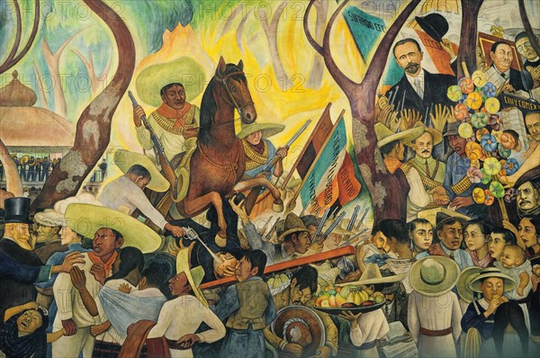 Mexico, Federal District, Mexico City, Detail of mural Dream of a Sunday Afternoon in the Alameda by Diego Rivera in the Museo Mural Diego Rivera. Photo : Nick Bonetti