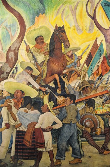 Mexico, Federal District, Mexico City, Detail of mural Dream of a Sunday Afternoon in the Alameda by Diego Rivera in the Museo Mural Diego Rivera. Photo : Nick Bonetti