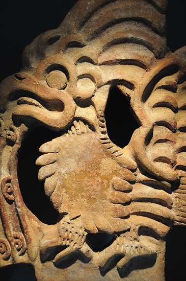 Mexico, Anahuac, Teotihuacan, Detail of architectural crenellation representing a bird on display in the site Museum.. Photo : Nick Bonetti