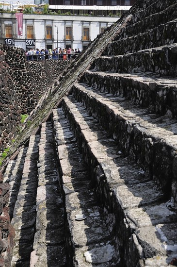 Mexico, Federal District, Mexico City, Part view of steps of main pyramid in Templo Mayor Aztec temple ruins. Photo : Nick Bonetti