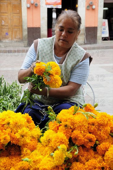 Mexico, Bajio, Guanajuato, Plaza del Baratillo Woman preparing marigolds on street stall. Photo : Nick Bonetti