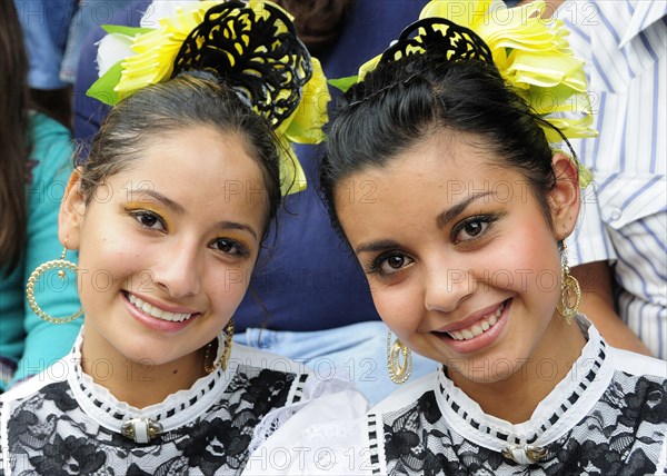 Mexico, Jalisco, Guadalajara, Portrait of two young women Jalisco folkloric dancers. Photo : Nick Bonetti