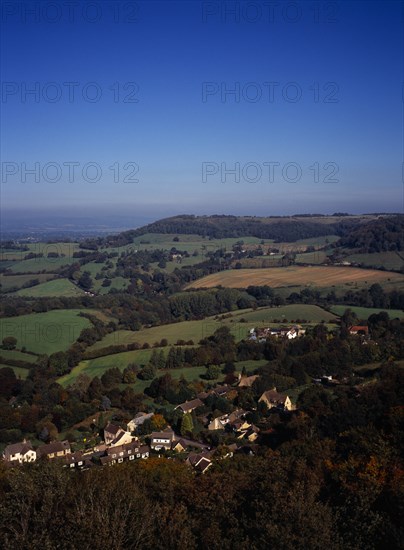 England, Gloucestershire, South Cotswolds, View west from Tyndale Monument over the village of North Nibley and surrounding landscape.. Photo : Bryan Pickering