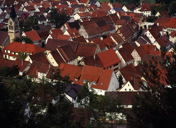 Germany, Baden-Wurttemberg, Fridingen Ander Donau, Red tile rooftops and white painted houses of village near Tuttlingen. Photo : Bryan Pickering