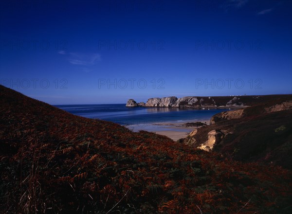 France, Bretagne, Crozon Peninsula, Pointe de Penhir from above Veryach Beach with braken covered cliff in foreground.. Photo : Bryan Pickering